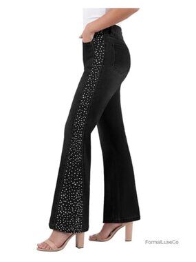 High Waisted Flare Jeans Rhinestone Embellished Stretch Denim Pants